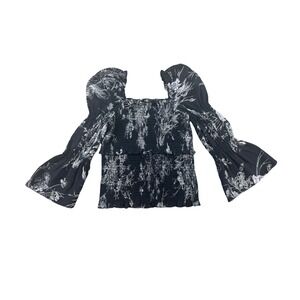 Cinq à Sept Blouse Women S Black Floral Smocked 100% Silk Peplum Romantic Boho